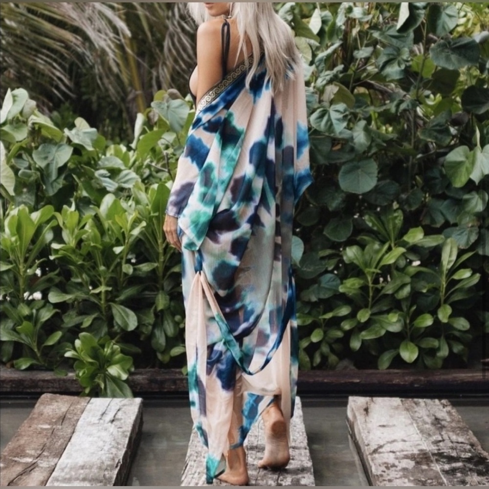 Suki So Goddess Tie Dye Gold Metallic Greek Key Kimono Swim Coverup No Belt OS